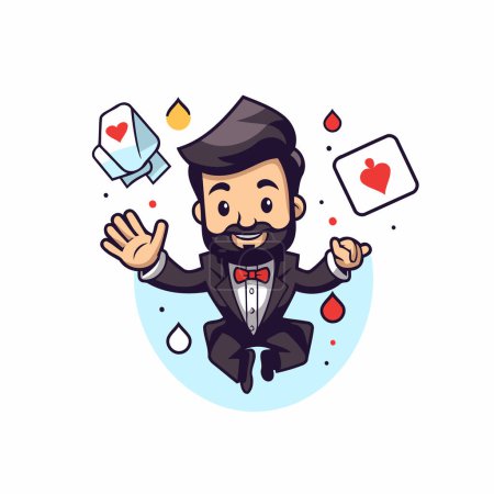 Illustration for Cute cartoon man in tuxedo holding playing cards. Vector illustration. - Royalty Free Image