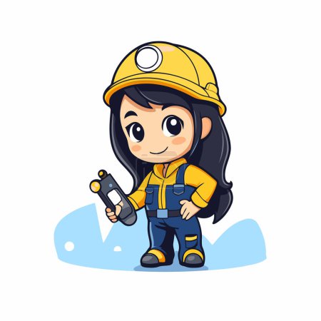 Illustration for Cute cartoon girl in helmet holding a walkie talkie. - Royalty Free Image