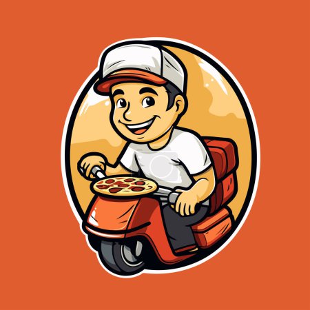 Ilustración de Ilustración de un repartidor de pizza montando una motocicleta vista desde el lado del círculo interior sobre un fondo aislado hecho al estilo de dibujos animados. - Imagen libre de derechos