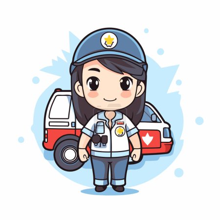 Téléchargez les illustrations : Jolie fille de dessin animé avec voiture de police et ambulance. Illustration vectorielle. - en licence libre de droit