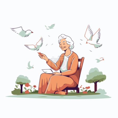 Ilustración de Una anciana sentada en el parque leyendo un libro. Ilustración vectorial. - Imagen libre de derechos