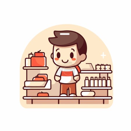 Illustration for Cute little boy shopping in supermarket. cartoon style vector illustration. - Royalty Free Image
