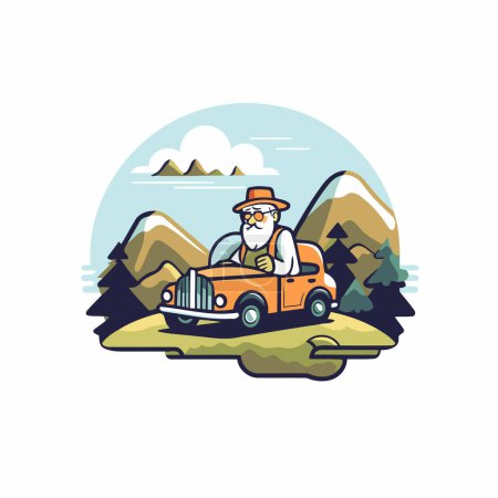 Illustration for Retro old man driving a vintage car in the mountains. Vector illustration - Royalty Free Image
