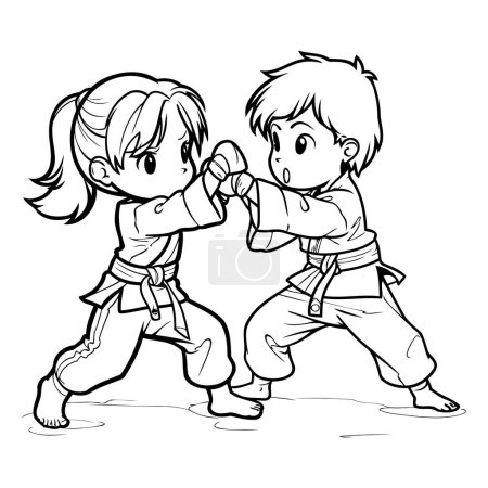 Illustration for Boy and girl fighting - black and white vector illustration for coloring book - Royalty Free Image