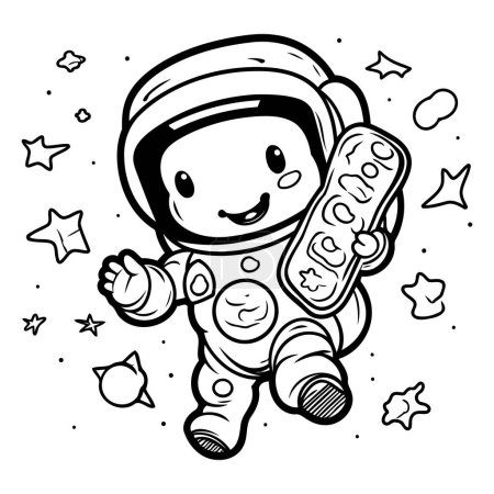 Téléchargez les illustrations : Illustration vectorielle d'un astronaute Dessin animé tenant un cookie. Livre à colorier pour enfants. - en licence libre de droit