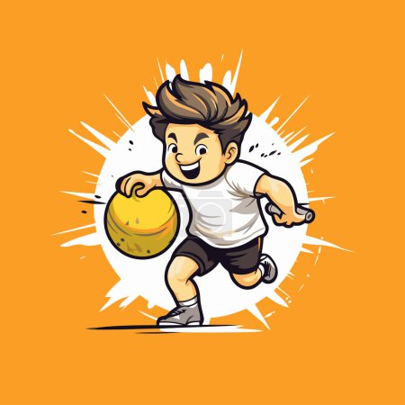 Téléchargez les illustrations : Joueur de football dessin animé avec ballon sur fond orange. Illustration vectorielle. - en licence libre de droit