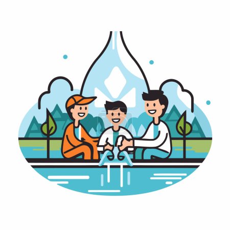 Illustration for Vector illustration of a group of people sitting on the lake and drinking water - Royalty Free Image