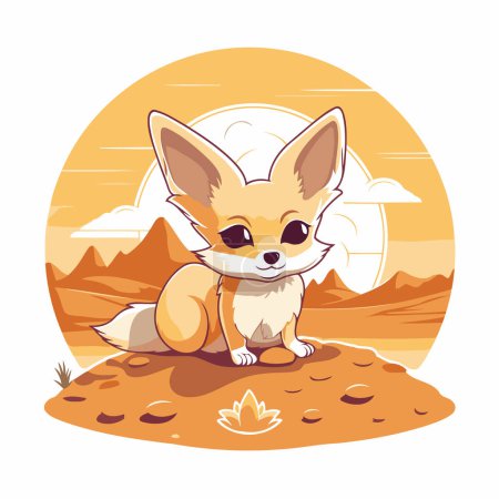 Illustration for Cute cartoon fox sitting on the sand in the desert. Vector illustration. - Royalty Free Image