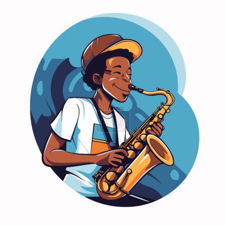 Téléchargez les illustrations : Musicien de jazz afro-américain jouant du saxophone. Illustration vectorielle. - en licence libre de droit
