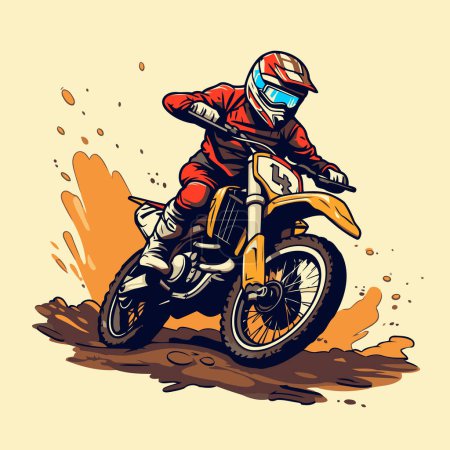 Téléchargez les illustrations : Motocross coureur sur la route. Illustration vectorielle dans un style rétro. - en licence libre de droit