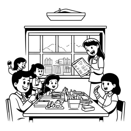 Téléchargez les illustrations : Mère de famille avec enfants dans la salle à manger illustration vectorielle dessin animé design graphique - en licence libre de droit