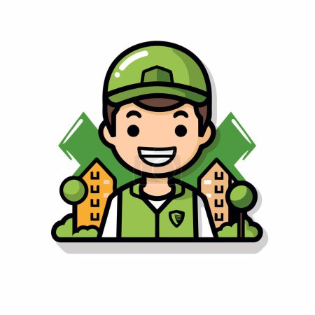 Illustration for Handsome cartoon man character in green baseball cap. Vector illustration. - Royalty Free Image