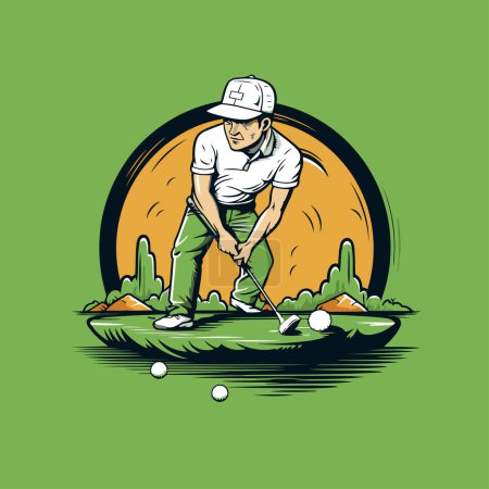 Golfspieler schlägt den Ball auf dem grünen Platz. Vektorillustration