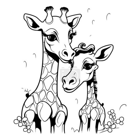 Illustration for Giraffe and baby. Black and white vector illustration for coloring book. - Royalty Free Image