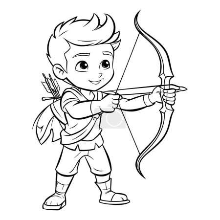 Téléchargez les illustrations : Joli garçon avec arc et flèche. Illustration vectorielle de contour pour livre à colorier - en licence libre de droit
