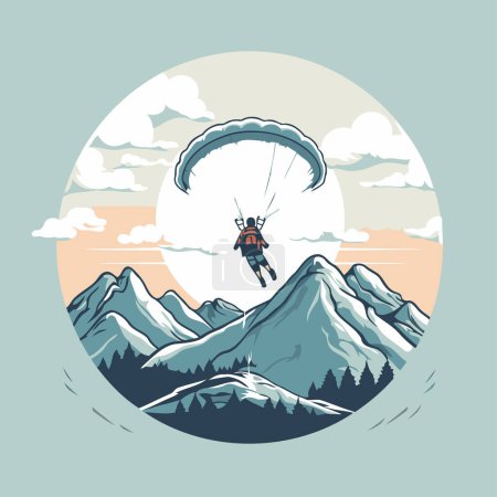 Illustration for Paraglider in the mountains. Vector illustration in retro style. - Royalty Free Image