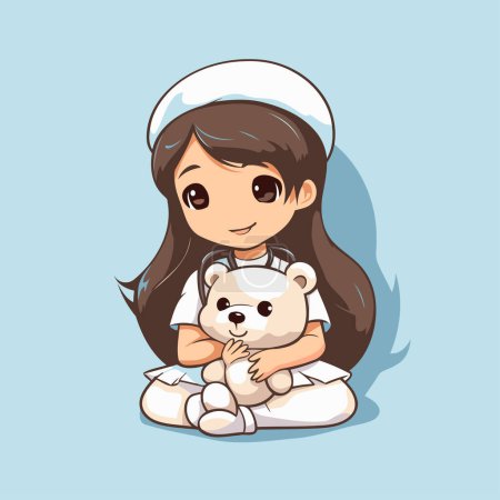 Illustration for Nurse with teddy bear cartoon character. Vector illustration of a cute little girl with teddy bear. - Royalty Free Image
