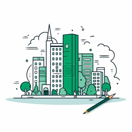 Illustration for Modern cityscape. Skyscrapers. trees and clouds. Vector illustration - Royalty Free Image