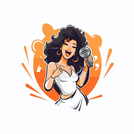Téléchargez les illustrations : Belle femme chantant karaoké avec microphone. Illustration vectorielle. - en licence libre de droit