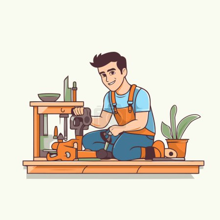 Illustration for Carpenter working in his workshop. Vector illustration in cartoon style. - Royalty Free Image