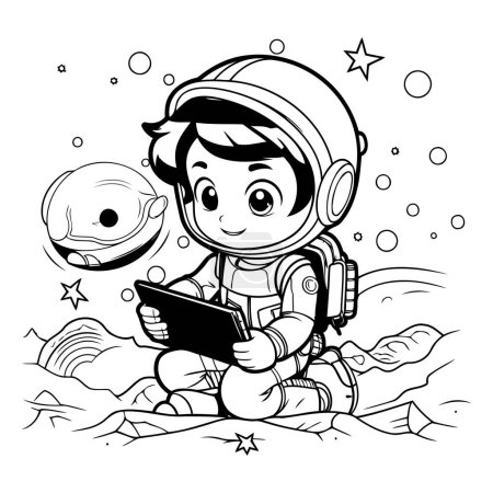 Illustration for Cute little astronaut with tablet pc. Vector illustration for coloring book. - Royalty Free Image