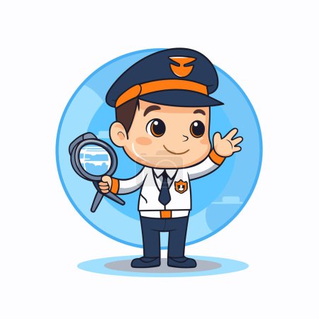 Illustration for Cute policeman with magnifying glass and car. Vector illustration. - Royalty Free Image