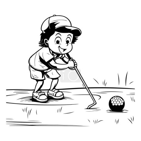 Téléchargez les illustrations : Golfeur - Dessin animé noir et blanc illustrant un enfant jouant au golf - en licence libre de droit