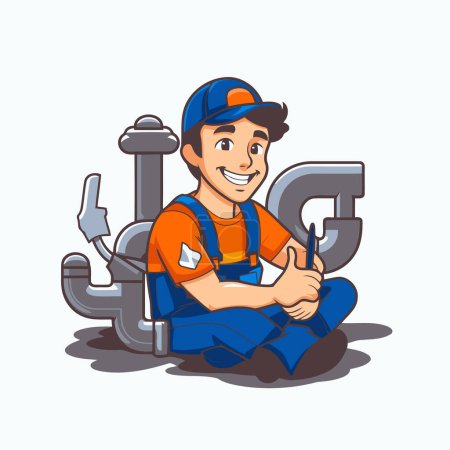 Illustration for Plumber with wrench and pipe. Plumber character. Vector illustration. - Royalty Free Image