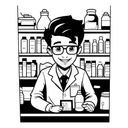 Illustration for Man pharmacist cartoon in black and white. vector illustration graphic design. - Royalty Free Image