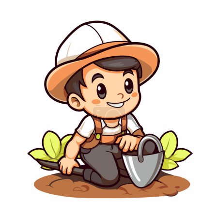 Téléchargez les illustrations : Illustration d'un petit garçon mignon travaillant sur le sol - en licence libre de droit