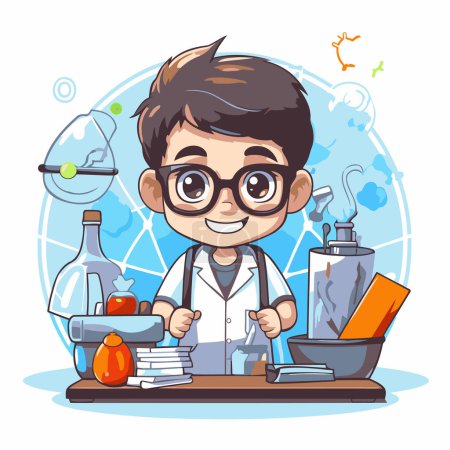 Illustration for Cute little boy in lab coat and glasses doing chemistry experiment. Vector illustration. - Royalty Free Image