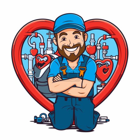 Téléchargez les illustrations : Plombier en forme de coeur. Illustration vectorielle d'un plombier amoureux. - en licence libre de droit