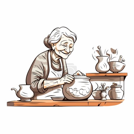 Ilustración de Una anciana cocinando sopa en la cocina. Ilustración vectorial. - Imagen libre de derechos