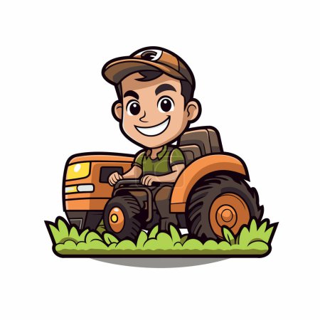 Téléchargez les illustrations : Agriculteur avec tracteur sur le terrain dessin animé personnage vectoriel illustration graphisme - en licence libre de droit