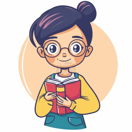 Ilustración de Linda niña en gafas leyendo un libro. Ilustración vectorial. - Imagen libre de derechos