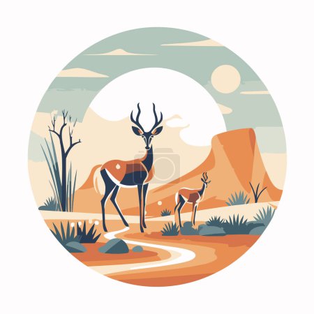 Téléchargez les illustrations : Antilope dans le désert. Illustration vectorielle dans un style plat. - en licence libre de droit