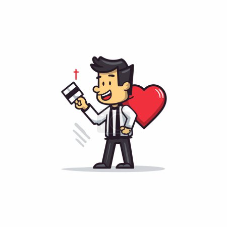 Téléchargez les illustrations : Un homme d'affaires avec un coeur rouge et une carte de crédit. Illustration vectorielle. - en licence libre de droit