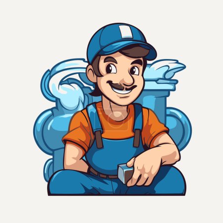 Illustration for Vector illustration of a cartoon plumber with a pipe in his hand - Royalty Free Image