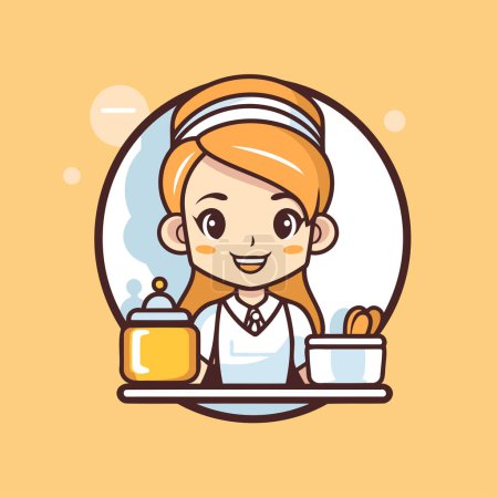 Illustration for Cafe waitress holding tray with food and drink. Vector illustration. - Royalty Free Image