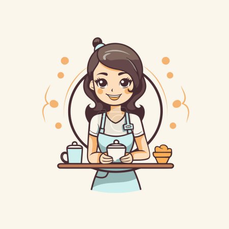 Téléchargez les illustrations : Serveuse de dessin animé mignonne dans un tablier servant du café. Illustration vectorielle. - en licence libre de droit