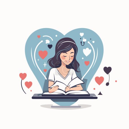 Illustration for Vector illustration of a girl reading a book in the shape of a heart - Royalty Free Image