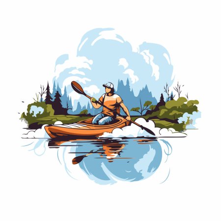 Illustration for Man kayaking on the lake. Vector illustration in cartoon style. - Royalty Free Image