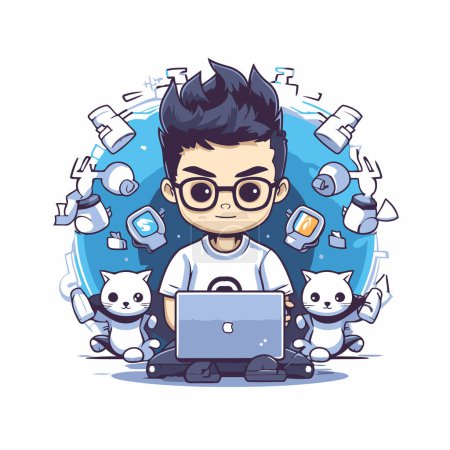 Illustration for Cute cartoon boy with laptop and cute cats. Vector illustration. - Royalty Free Image