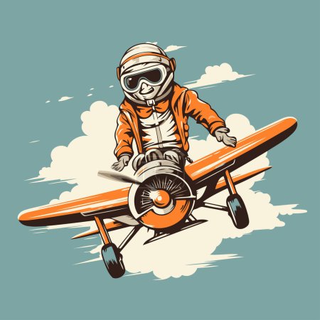 Téléchargez les illustrations : Illustration vectorielle d'un pilote avec un avion sur fond de nuages - en licence libre de droit