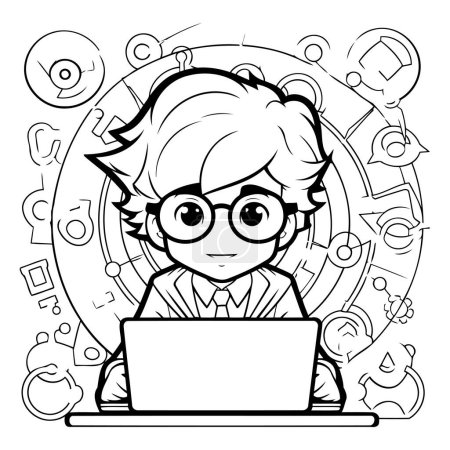 Ilustración de Ilustración de dibujos animados en blanco y negro de lindo estudiante con computadora portátil o computadora para colorear libro - Imagen libre de derechos
