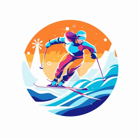Téléchargez les illustrations : Skieuse sur fond de mer. Illustration vectorielle. - en licence libre de droit