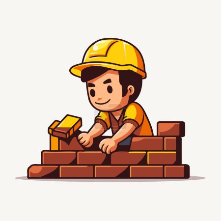 Illustration for Cartoon worker building brick wall. Vector illustration. Cute cartoon character. - Royalty Free Image