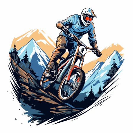 Illustration for Mountain biker on the background of mountains. Vector illustration. - Royalty Free Image