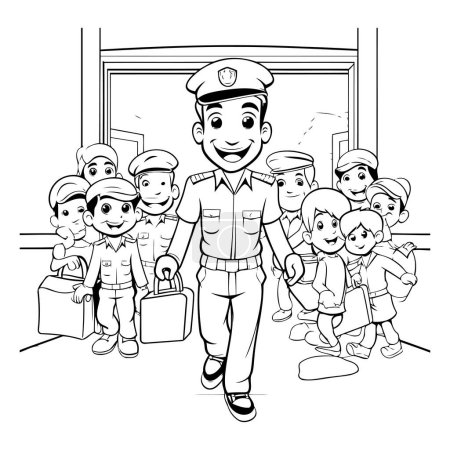 Illustration for Black and White Cartoon Illustration of Policeman or Police Officer with a Group of Kids in the Background Coloring Book - Royalty Free Image