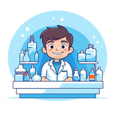 Illustration for Vector illustration of a boy in a lab coat standing at the counter. - Royalty Free Image